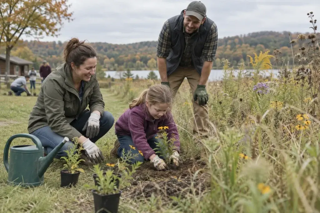 Illustrative image of a family planting flowers together beside a meadow